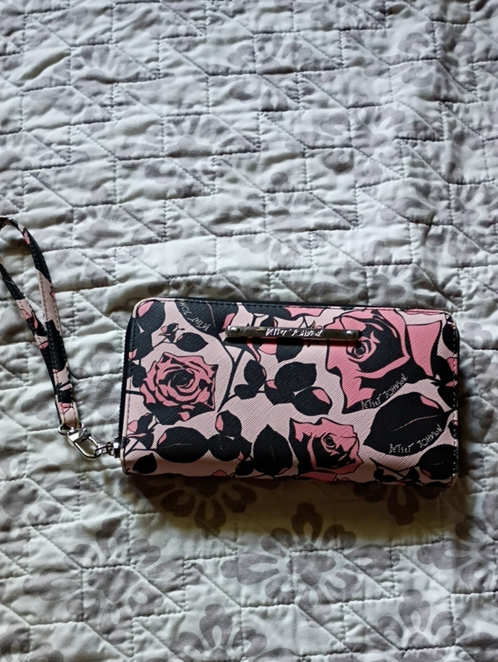 Betsey Johnson Pink and Black Floral Rose Print Wristlet